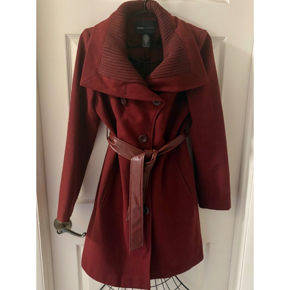 Moda International Women's Size 8 Burgundy Belted Wool Blend Trench Coat